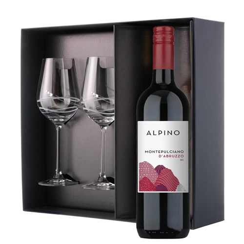 Alpino Montepulciano d'Abruzzo 75cl Red Wine And Diamante Venezia Glasses Gift Box Set